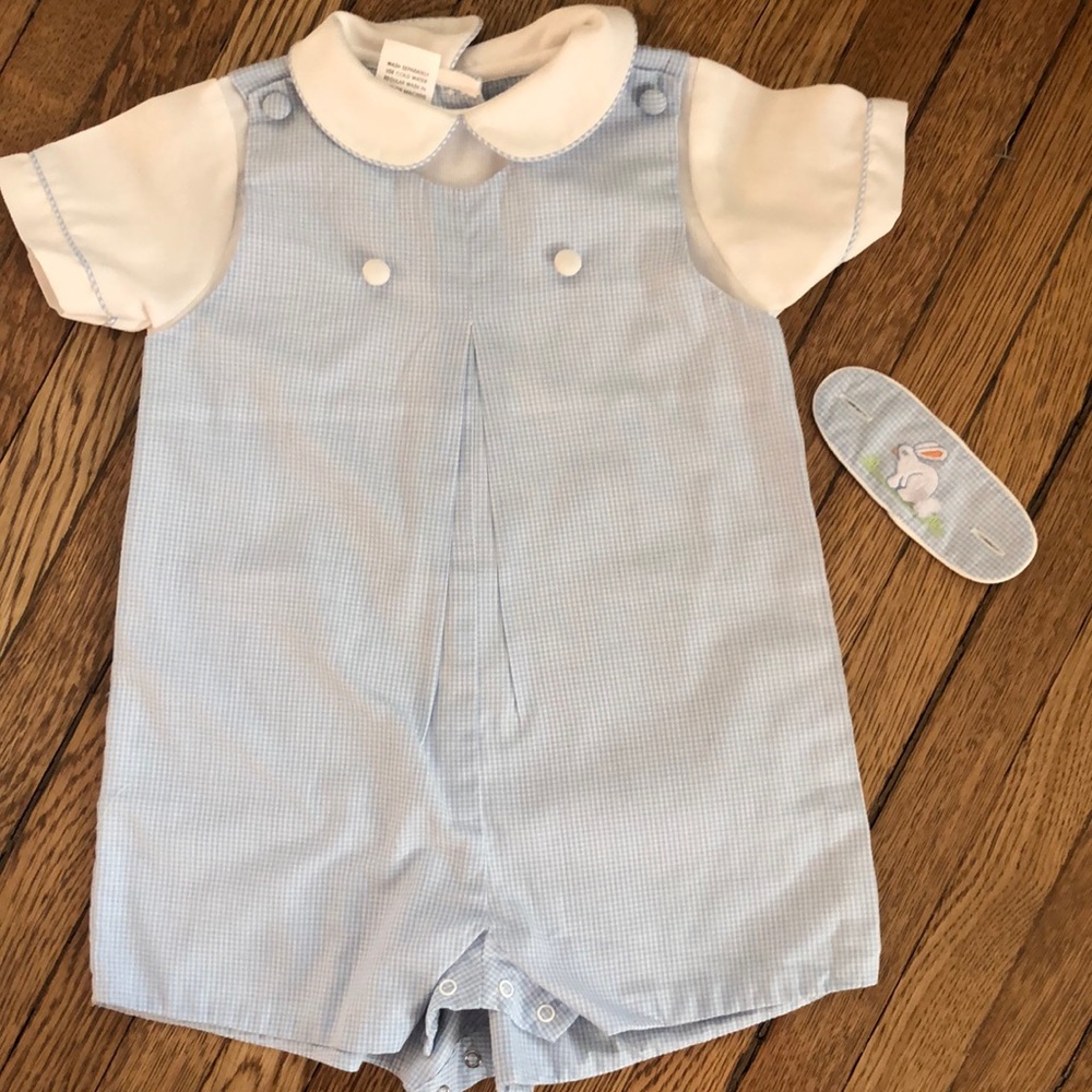 Boys 6 months dressy collared gingham check Easter romper shortall